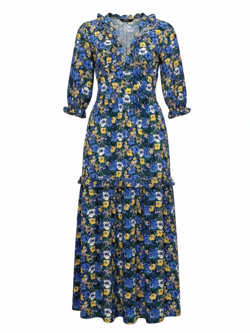 Code x Mode Blue Multi Floral Maxi Dress PocketsTiered Boho Prairiecore Sz M
